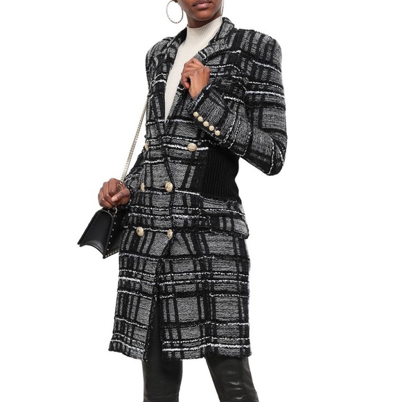 Balmain Double-Breasted Plaid Bouclé-Tweed Midi Coat, Black/Gray Size FR 40 - Picture 1 of 17
